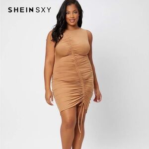 SHEIN Tan Ruched Sleeveless Bodycon Mini Dress